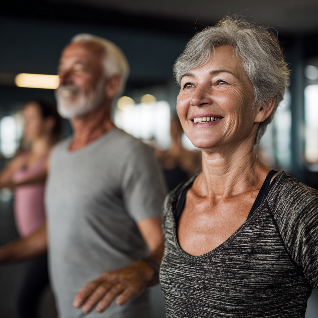 Mature adults enjoying guided fitness training session